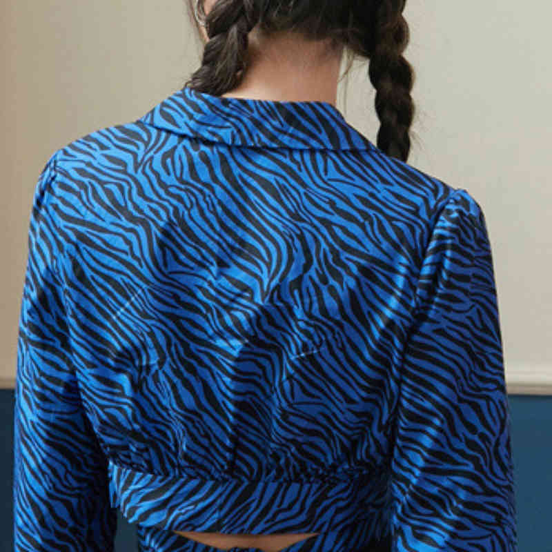 Nomikuma Korean Zebra Stripe Short Blouse Long Sleeve Notched Collar Women Tops Bow Bandage Slim Waist Blusas Shirt 6G921 210427