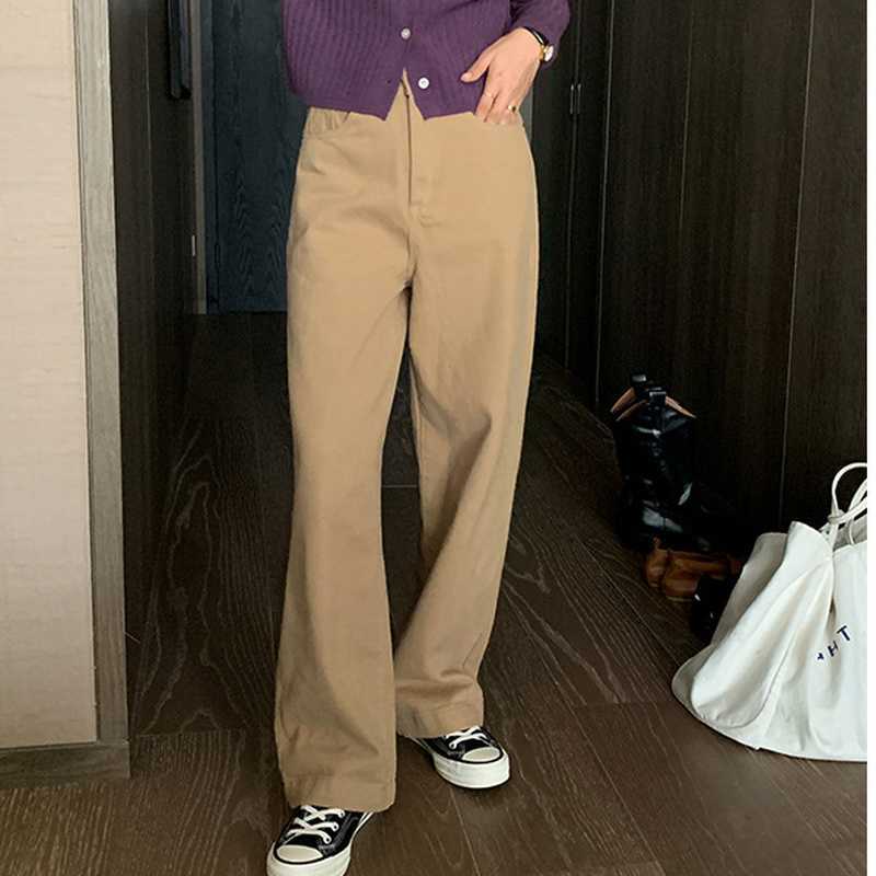 High Waist Wide Leg Solid Cotton Jeans Women Spring Silm All-match Denim Pants Casual Loose Straight Woman Bottoms 210525