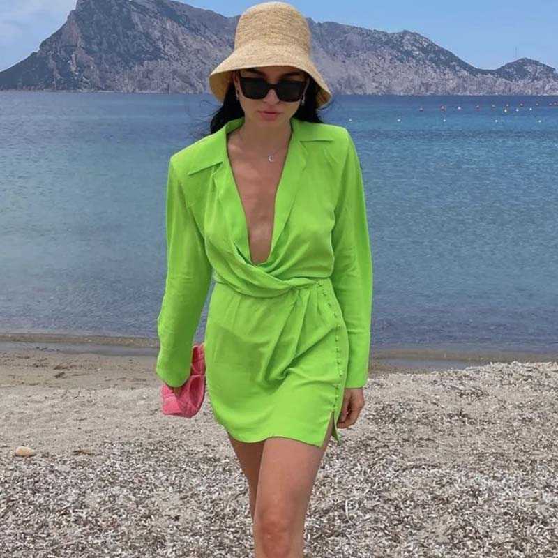 Summer Shirt Dress Women 2021 Green Long Sleeve Shoulder Pad Slim Fashion Dress Chic Button Pleated Mini Shirt Dress Q0707