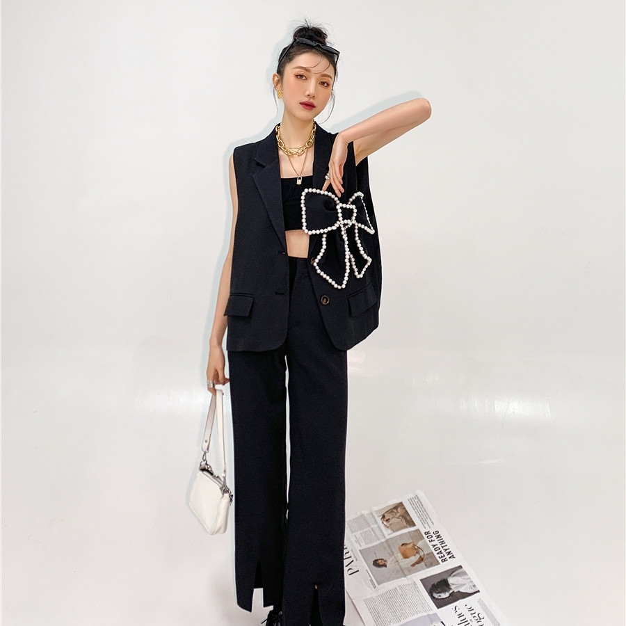 Korean Fashion Vest Sleeveless Jackets For Women Black Pearl Bow Blazer Button Up Waistcoat 210427