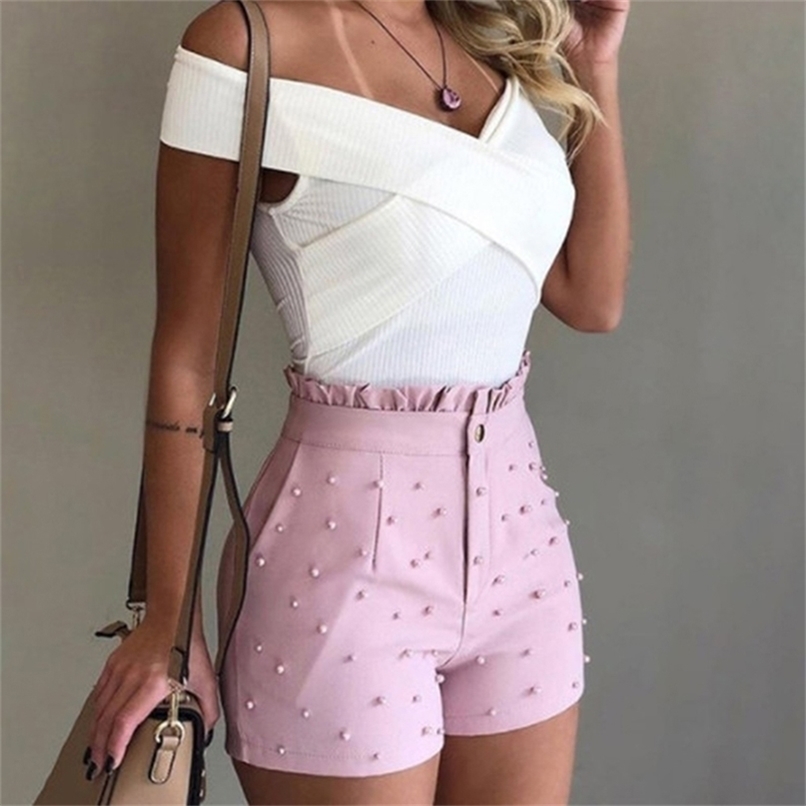 Summer High Waist Shorts For Women Beading Ruffle Casual Pantalones Cortos De Mujer 210714