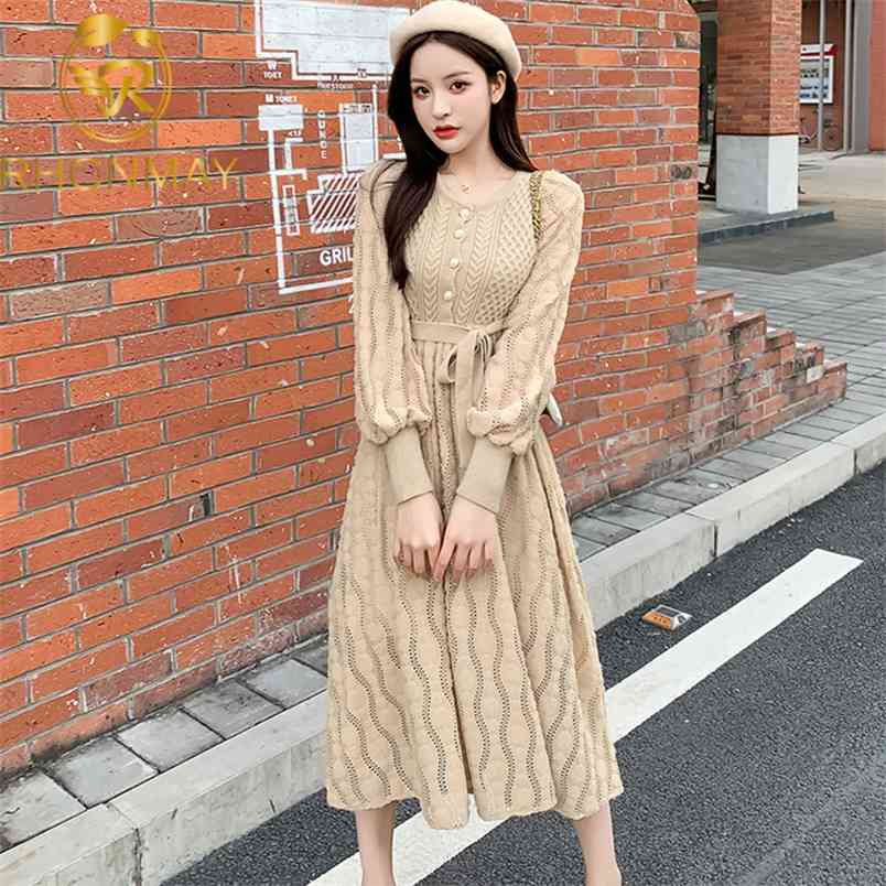 Autumn and Winter Temperament Slim Frenulum Single breasted Thickening Long sleeves Dress Patchwork lace 210506