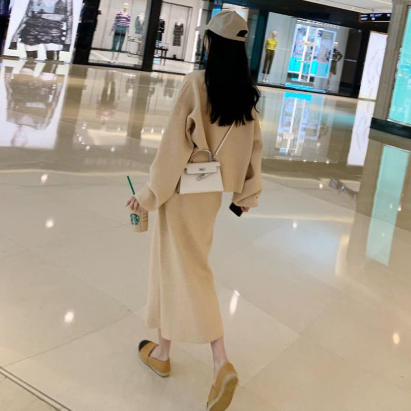 \ Skirts 2 Piece Set Women Knitting Pullover Sweater Casual Loose + Knitted Skirt Autumn Winter Korean Suit 210519