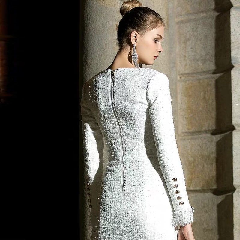 Autunm Winter White Dress Long Sleeves Sexy V-neck Split Bow Double Breastes Tassel Tweed Party Midi Wholesale 210421