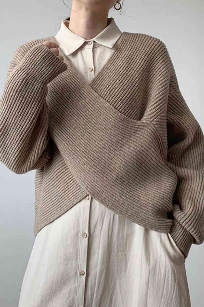 Autumn Winter Solid Casual Women Knitted Sweater Lady V-neck Criss-cross Pollovers Female Korean Chic Long Sleeve Jumper 210519