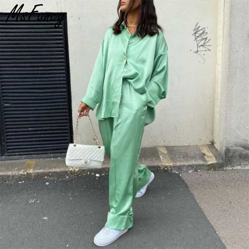 Msfancy Green Pant Suits Women Long Sleeve Oversized Blouse Elastic Waist Wide Leg Pants Pajamas Female 2 Piece Set 211109, Green shirt
Msfancy Green Pant Suits Women Long Sleeve Oversized Blouse Elastic Waist Wide Leg Pants Pajamas Female 2 Piece Set 211109, Green shirt