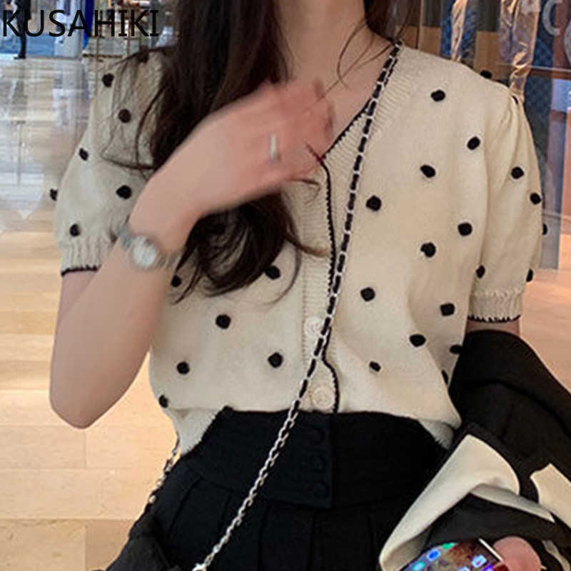 KUSAHIKI Spring Summer Knitted Cardigan Korean 3D Dot Puff Short Sleeve Knitted Tops Elegant Korean V-neck Knitwear 6G326 210918