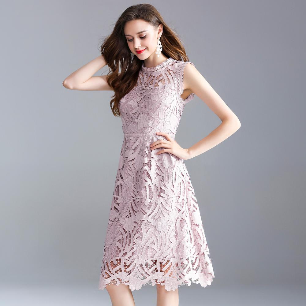 summer new European and American large size women's solid color sleeveless openwork embroidery lace A word dress 210409
