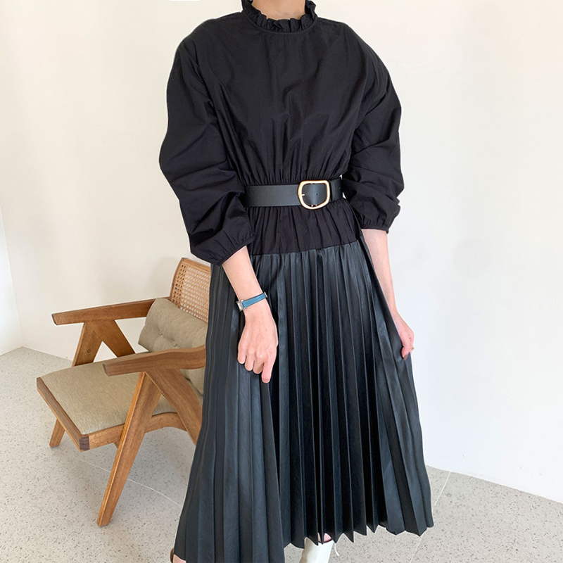 Elegant Stand Collar Women Solid Patchwork Belt Dress OL Style Long Sleeve Pleated Mid-length Dresses Female Vestidos 210519