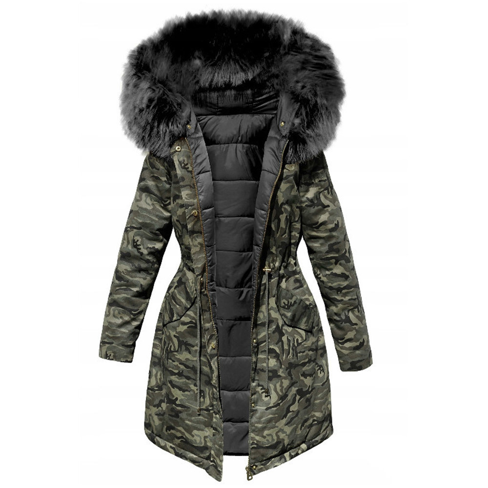 Women Winter Jacket Hooded Parkas Camouflage Coat Loose Parka Fur Collar Cotton Padded Jackets Fashion 210428
