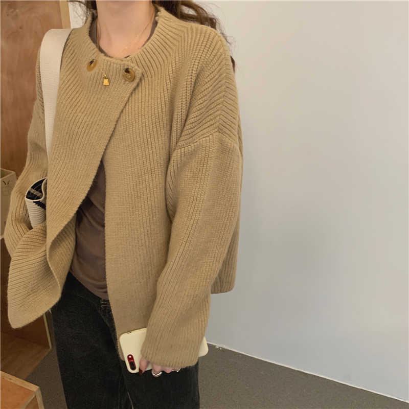 Qooth Winter Cardigan Casual Women Full Sleeve Knitting Cotton Outwear Loose Plain Color Lady Clothes Coats QT288 210609