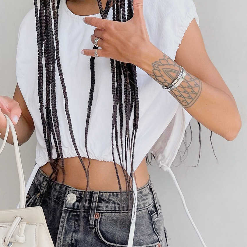 Streetwear Short Open Umbilical White Tops Summer Women Knitted Solid Loose-open Fork Hollow Out Vest 210615Z