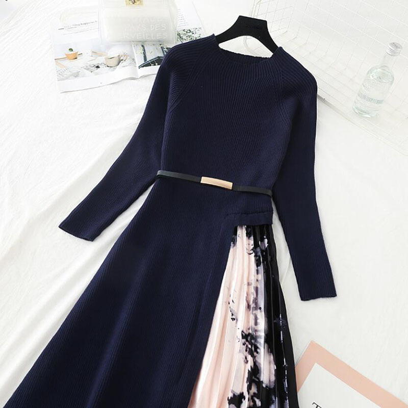 Autumn Winter Knitted Dress Women O-Neck Pleated Long sleeve Sweater Dress Elegant Knit Patchwork Midi Dress With Belt 210521