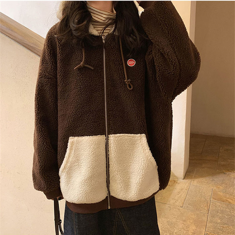 2colors korean style Women Winter Hoodie Coats Warm Zipper Jacket Casual Clothing lamb fur thick warm Coat womens (X1215) 210423