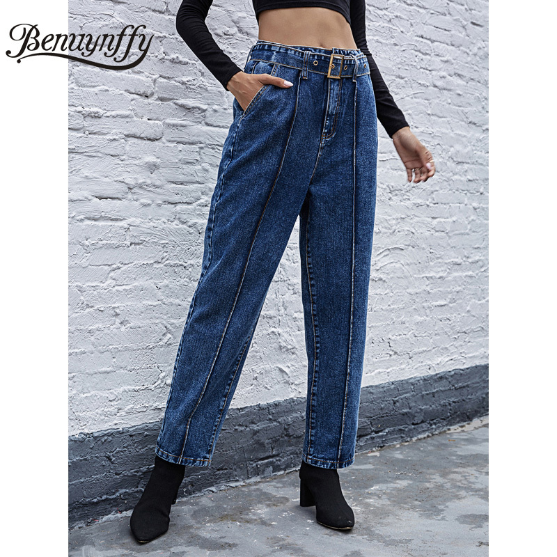 Autumn winter Vintage Pocket High Waist Jeans Woman Casual Fashion Straight Denim Pants Women Cotton Belted Mom 210510