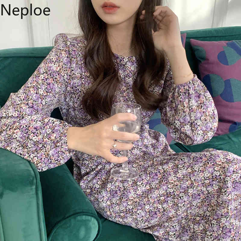 Neploe Dress for Women Chic Spring Robe O-neck Puff Sleeve Lace Up Slim Vestidos Mujer Korean Floral Vintage Maxi Dresses 95243 210422