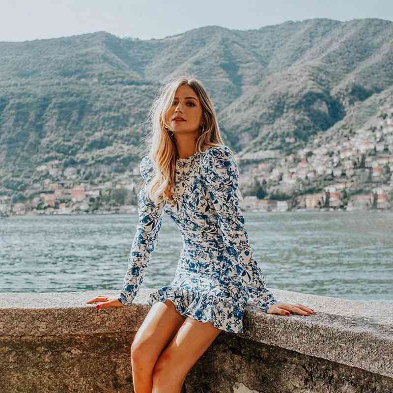 Europe station spring and Autumn Women's dress tie neck long sleeve print sexy slim back dress for women 210602