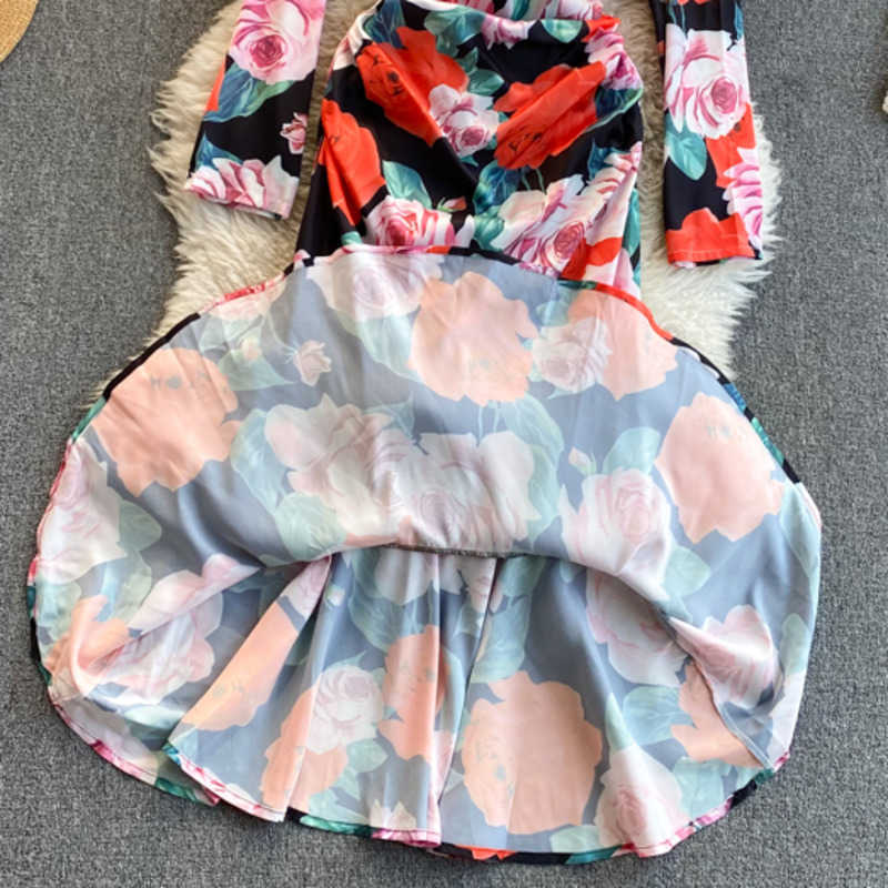 DEAT Spring Arrivals Print Square Collar Long Sleeve High Waist Pleated Slim A-line Long Dress MZ529 210709