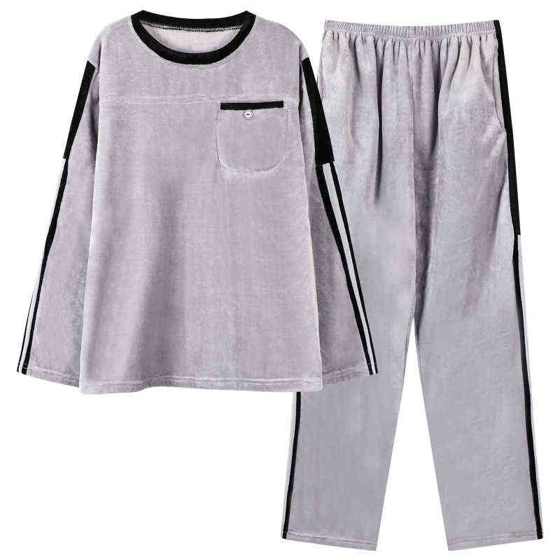 Winter Thick Warm Men Coral Fleece Pajamas Set Long Sleeve Round Neck Loose Soft Plus Size Male Lounge Homewear Suits 211104