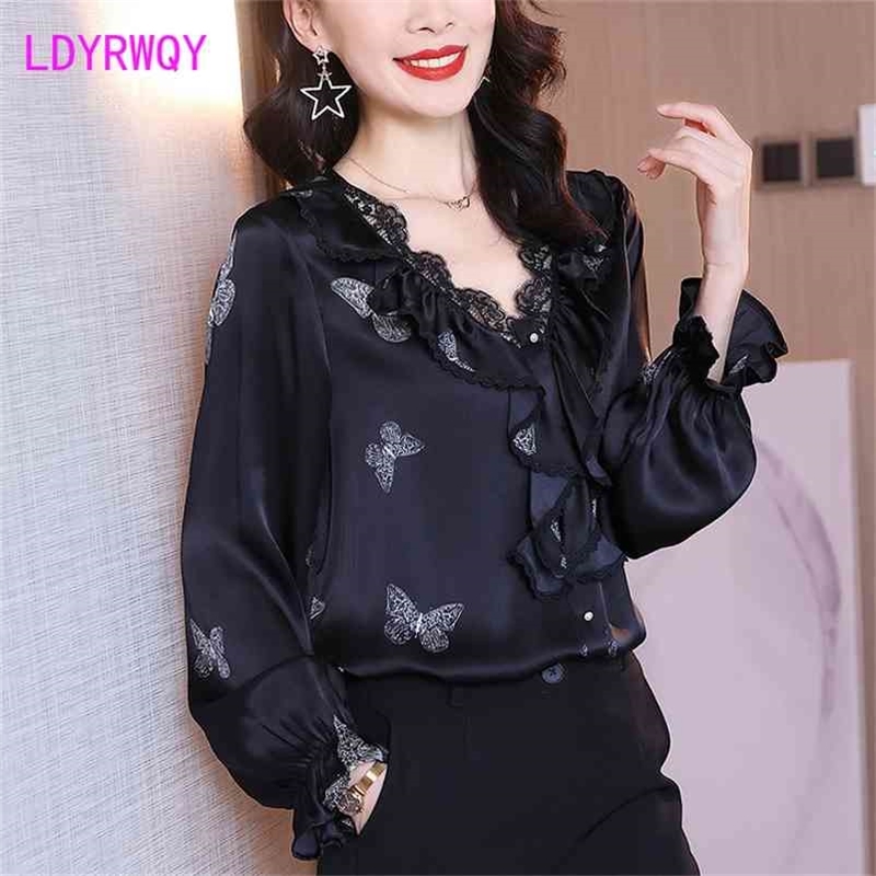LDYRWQY Silk blouse Spring floundered V-neck with mulberry silkworm print Office Lady shirt 210603, Black
LDYRWQY Silk blouse Spring floundered V-neck with mulberry silkworm print Office Lady shirt 210603, Black
