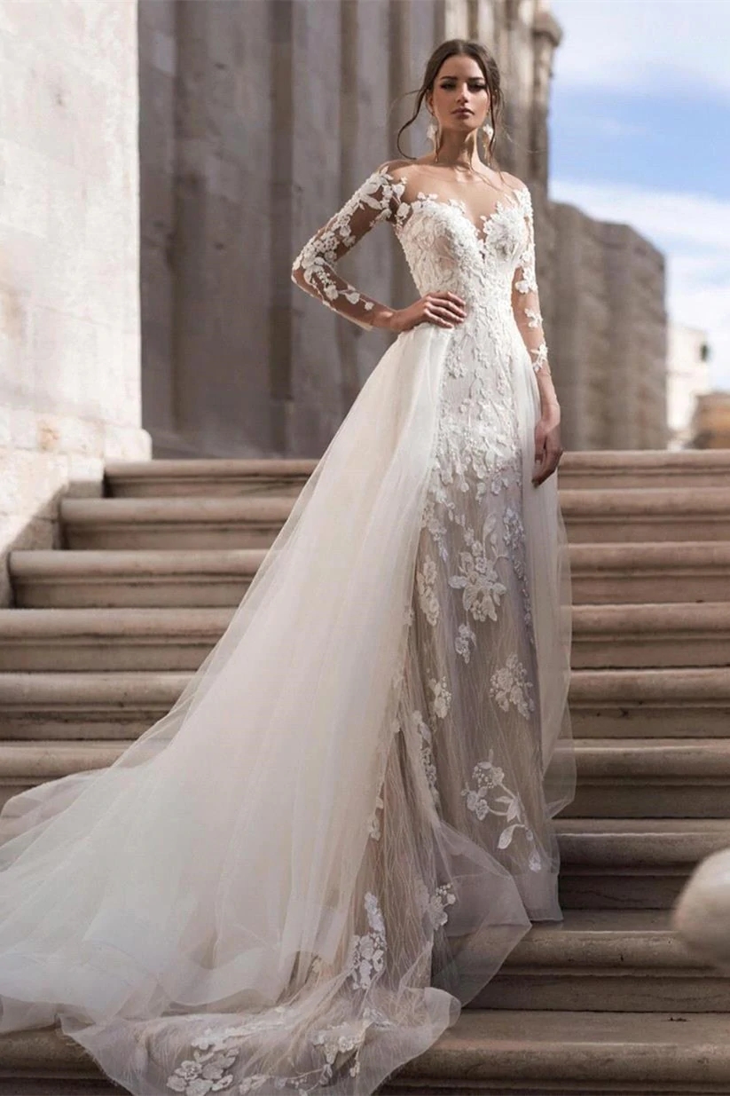 Sleeve Modest Long Lace Mermaid Dresses With Detachable Tulle Skirt Sheer Neck Illusion Bodice Bridal Summer Wedding Gowns Robe De Mariage BC