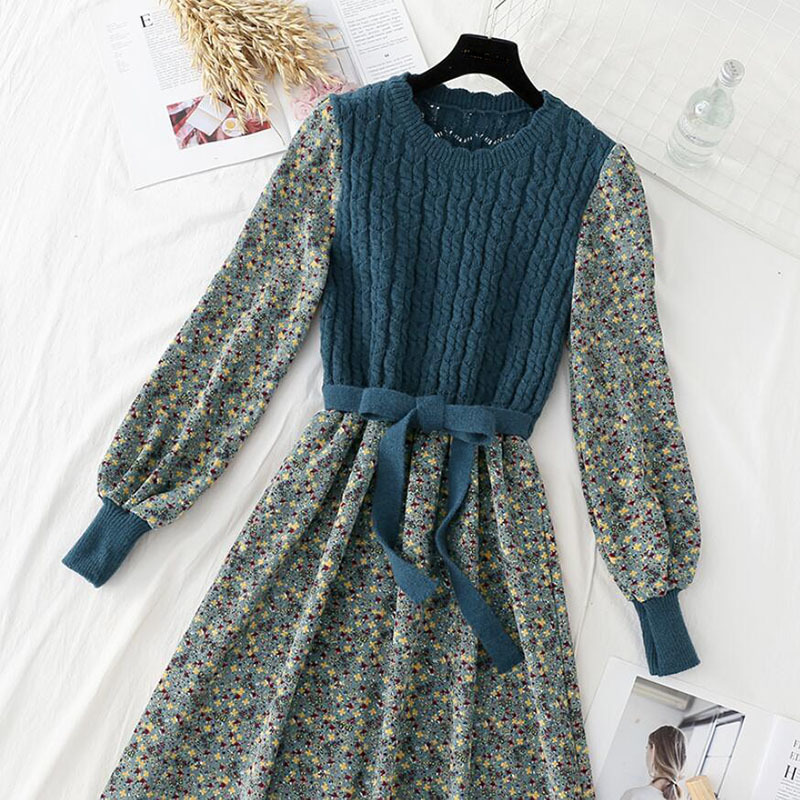 Autumn Women Print Floral Dress Korean Patchwork Long Sleeve O Neck Elegant Slim Sweater Dress Ladies Bandage Dresses 210521