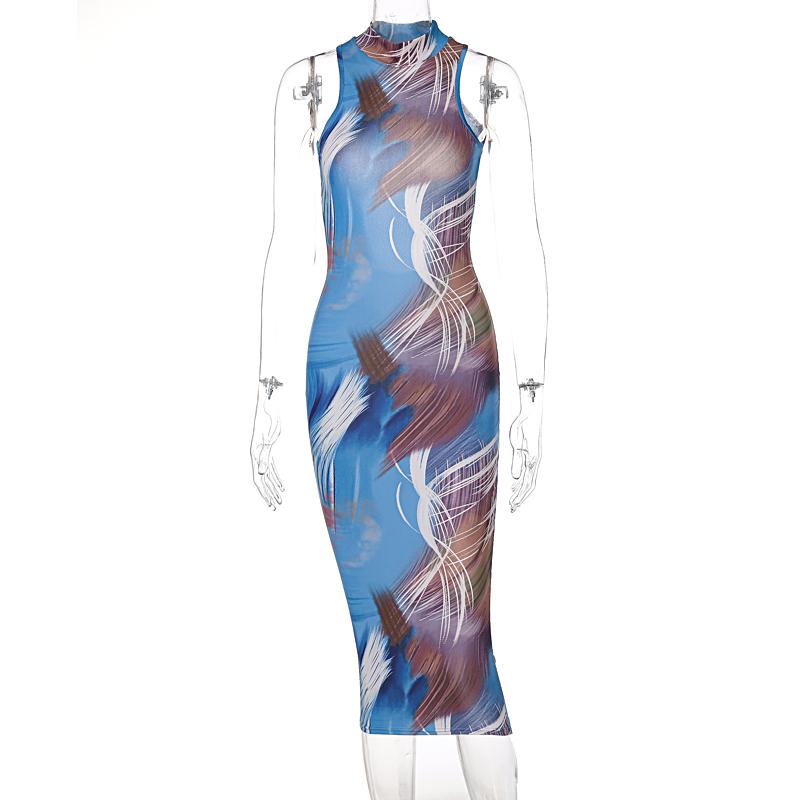 Casual Dresses Dulzura Tie Dye Print Women Sleeveless Backless Midi Dress Bodycon Sexy Streetwear Party Elegant Club 2021 Autumn Winter Y2K