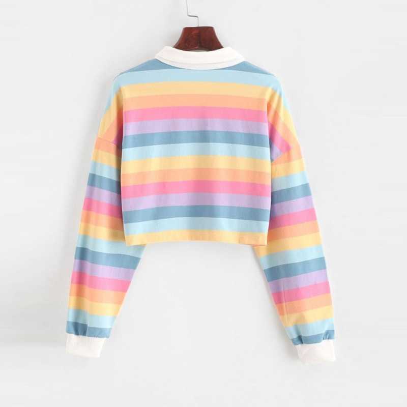 Women Sweatshirt Long Sleeve Rainbow Color Ladies Hoodies With Button Striped Korean Style Sweatshirt Women 210910