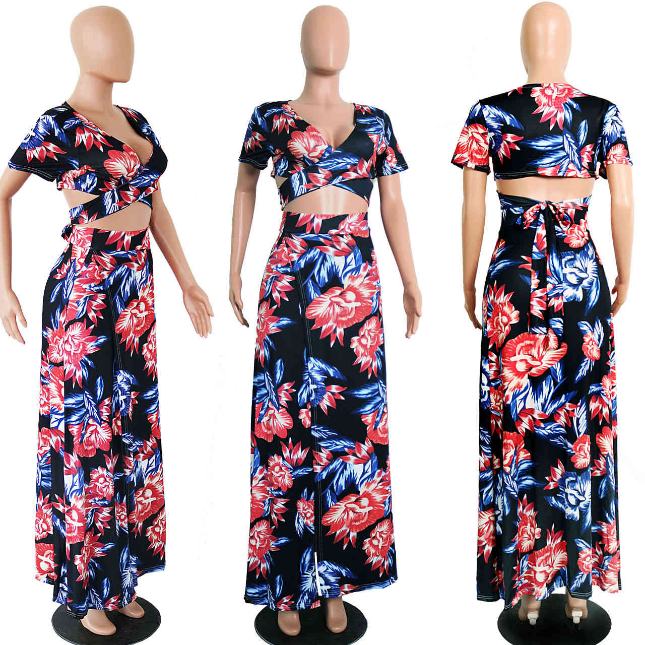 Sexy 2 Pieces Floral Printed Bikini Cover-ups Boho Long Summer Dress Vintage Tunic Women Beach Wear Swim Suit Cover Up A863 210420