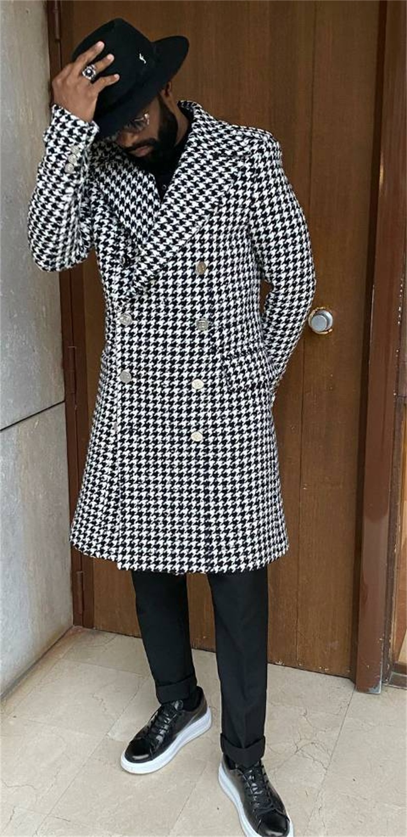 Houndstooth Design Men Suits Formal Casual Custom Made Fit Party Long Coat Real Image Handsome Double Breasted Jacket