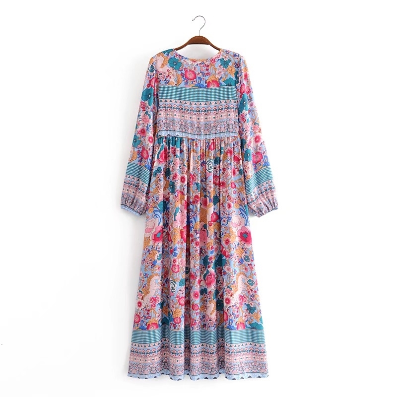 Autumn Bohemian Lace up V neck Location Floral Print Maxi Long Dress BOHO Hippie Woman Bandage Sleeve Dresses Vestido 210429