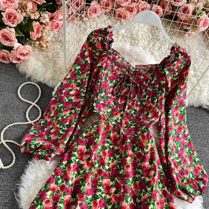 LoveFlowerLife Spring Autumn Slim Floral Print Chiffon Dress A Line Square Collar Mid Calf High Waist Women Dresses 210521