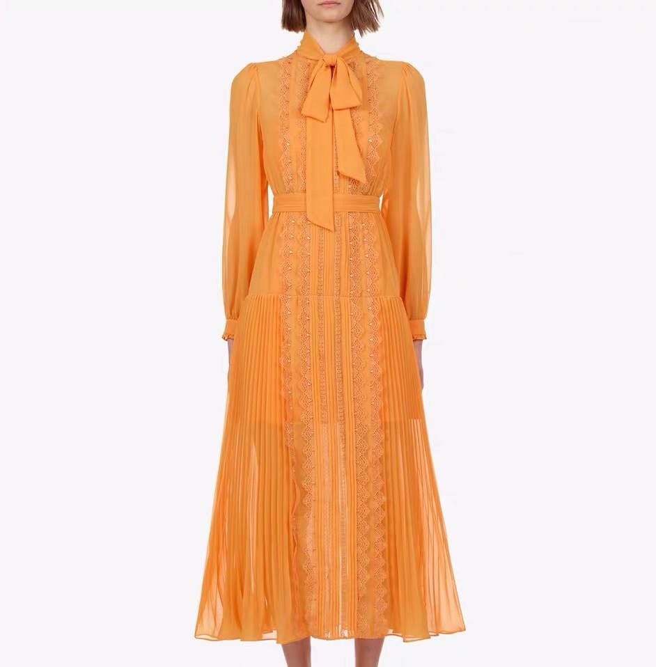 Autumn Women Chiffon Lace Stitching Orange Dress Elegant Slim Casual With Pleated Party Evening Max 210421