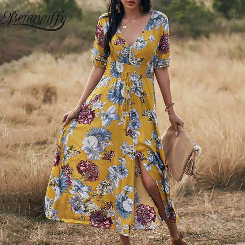 V-neck Tassel Tie Waist Short Sleeve Dresses with Button Women Summer Vacation Boho Casual Print Split Long Dress 210510