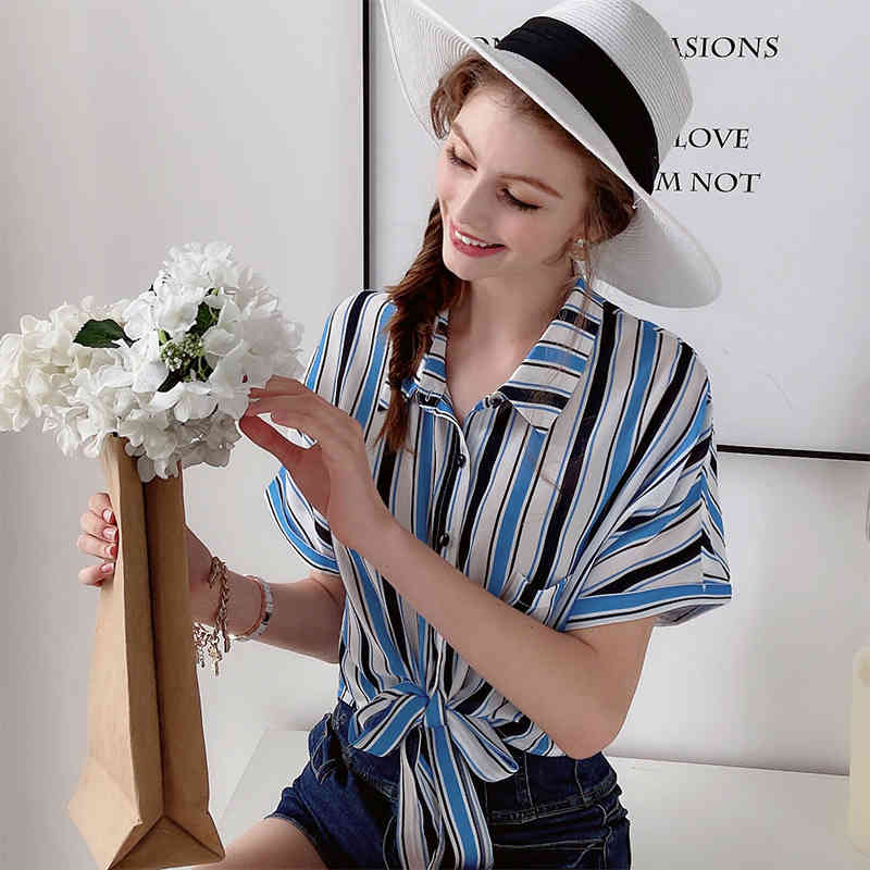 Dabuwawa Bow Striped Top Blouse Shirts Women Blue Slim Fit Turn-down Collar Short Sleeve Womens Tops and Blouses D18BCF013 210520