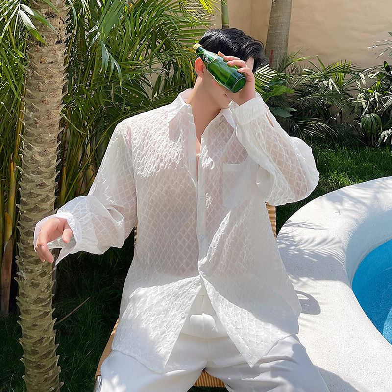 IEFB Men's Thin Sunscreen Shirt Long Sleeve Breathable Shirts Lapel See Through Oversized White Clothing Single Breasted 9Y7761 210524