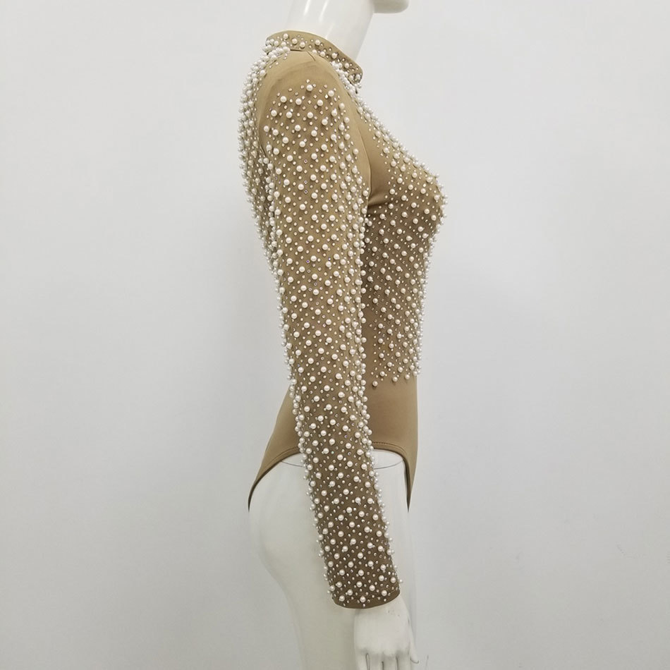 Free Heavy Industry Beaded Bodysuits Top Women's Elegant Stand Collar Long Sleeve Pantsless 210524
