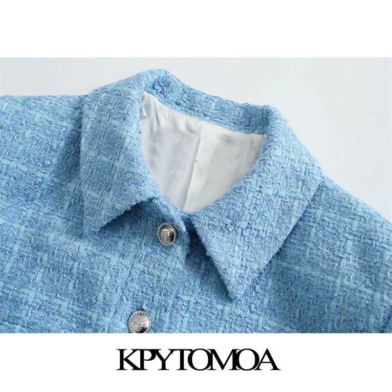 KPYTOMOA Women Fashion Single Breasted Tweed Cropped Blazer Coat Vintage Long Sleeve Pockets Female Outerwear Chic Veste 211116