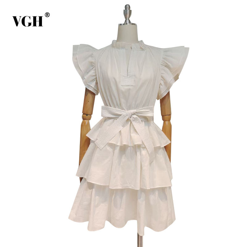 VGH White Casual Dress For Women Stand Collar Short Sleeve High Waist Lace Up Bowknot Patchwork Ruffle Mini Dresses Female 210421