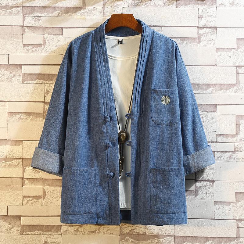 Chinese Style Tang Suit Denim Jacket Ancient Men Clothing Improved Han Japanese Kimono Cardigan Feather Weaving Robe Spring Men's Jackets