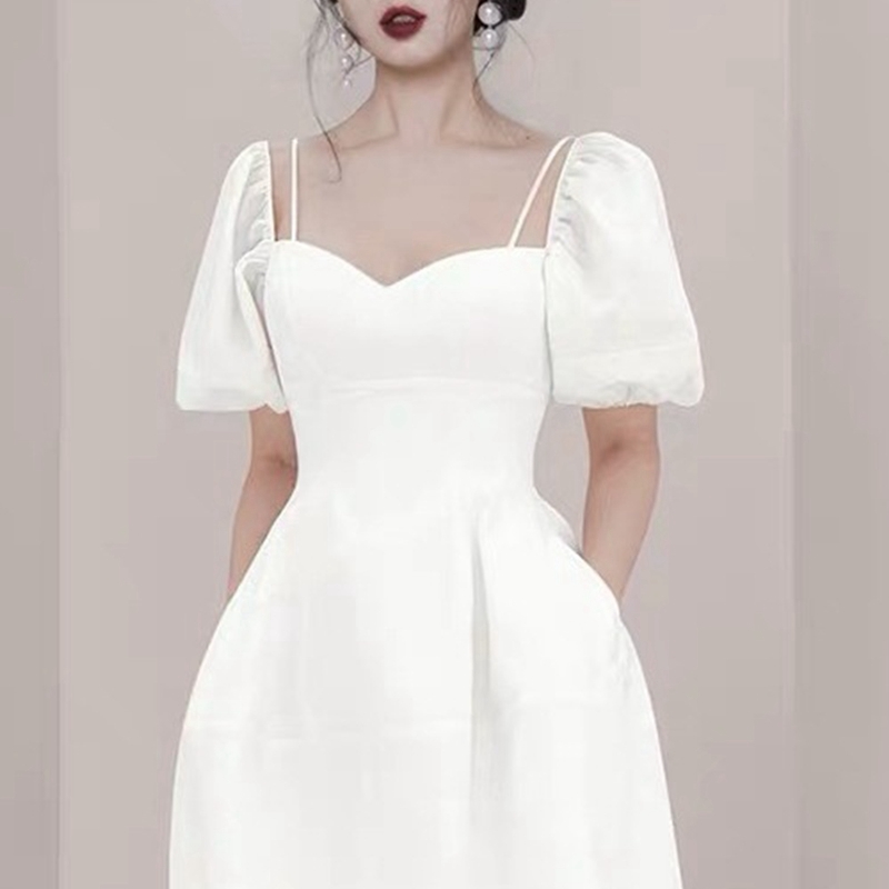 Fashion Summer Women White Elegant Dress V neck Puff sleeves Mid-calf Solid Empire Slim Party 210506