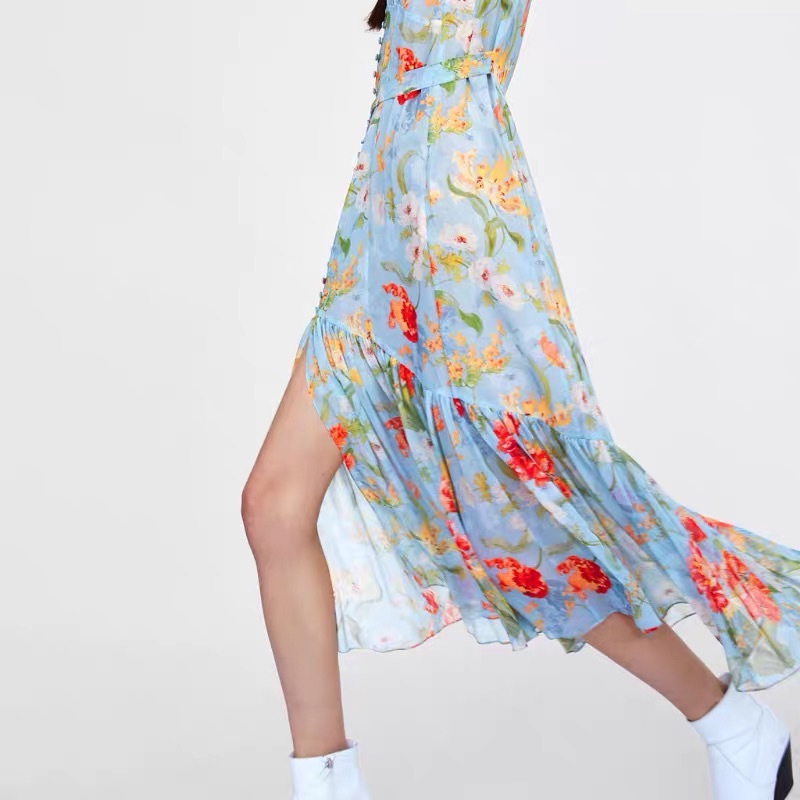 vintage chic lady flower printed blue single breasted summer fashion v-neck short sleeve beach holiday dresses women 210421