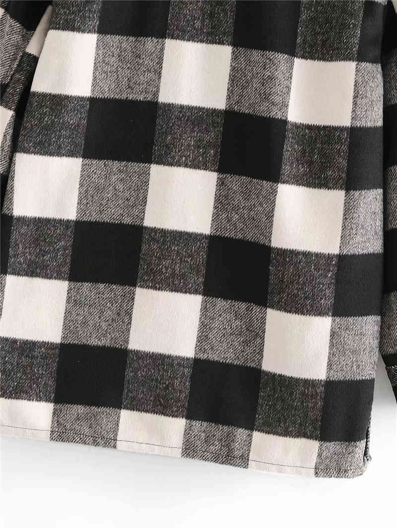 black and white plaid women pocket shirt autumn fashion oversize streetwear female turn down collar thick 210430