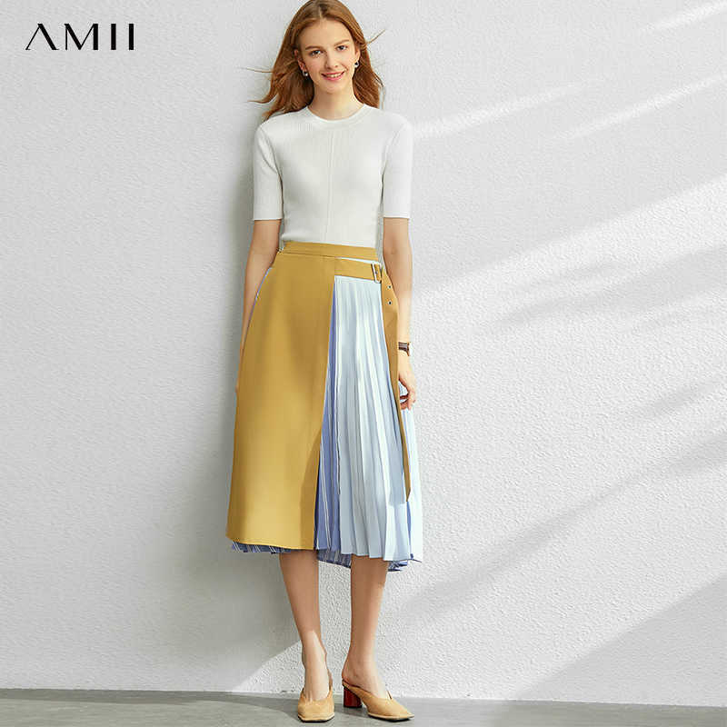Minimalism Fashion Splice Denim Skirt Spring Summer Women's skirt High Waist Pleated Female 11970291 210527