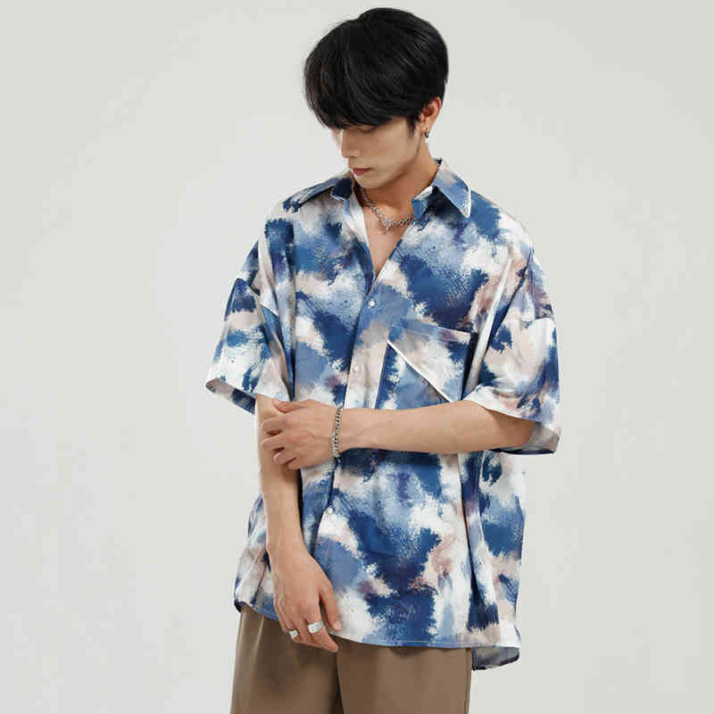 IEFB Men's Clothing Oversized Tie Dye Short Sleeve Shirt For Men Korean Fashion Loose Spring Summer Tops For Men 9Y5660 210524