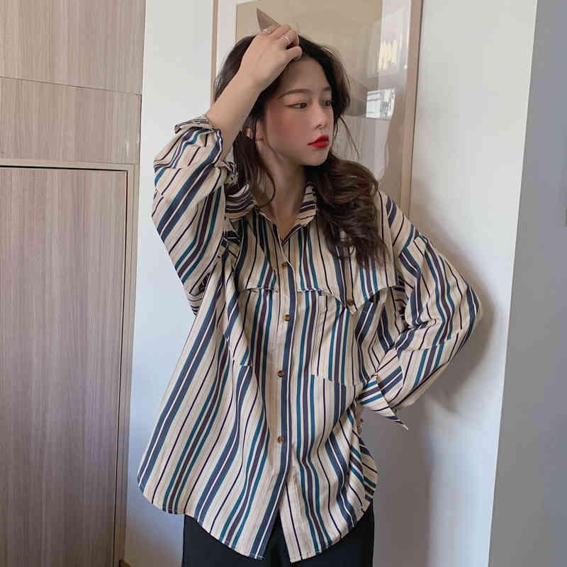 QOERLIN Striped Long Sleeve Turn Down Collar Elegant Plus Size Women Blouse Streetwear Oversize Shirts Big Size Blusa Feminine 210412