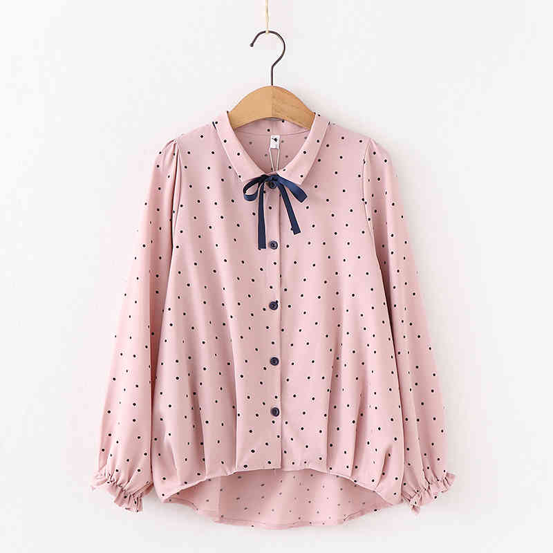 Women Retro Polka Dot Blouses Spring Autumn Bow Collar Long Sleeve Chiffon Shirts Female Single-Breasted Sweet Blusas Tops 210514