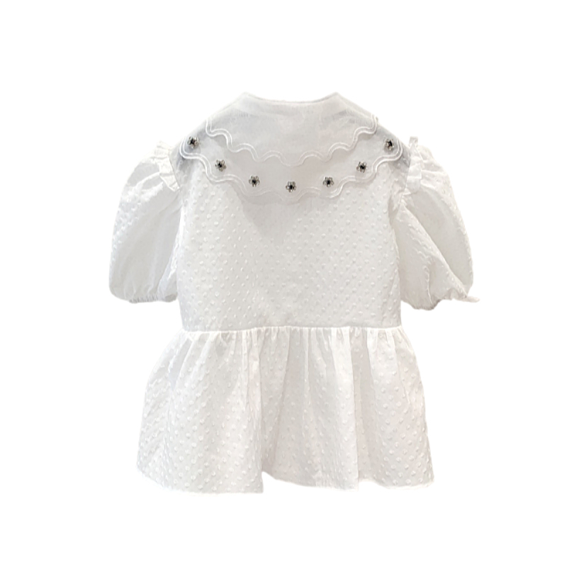 Nomikuma Korean Beads Mesh Peter Pan Collar Women Blouse Shirt Summer New Lace Up Puff Sleeve Ruffle Sweet Blusas 6G705 210427