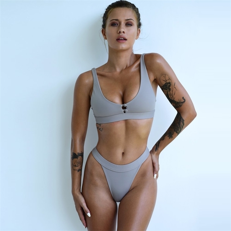 Sexy Bikini Women Two Pieces Swimsuit Button Swimwear Female Solid Bathing Suit Summer Beach Wear Swimming Biquini 210625