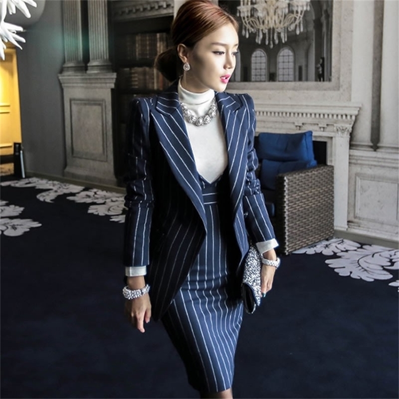 OL Work Striped Office Lady Dress Suits 2 Two Piece Sets Elegant Women Blazer Jacket + Fashion Sheath Dresses Femme 210519